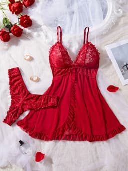 Sexy Lace Lingerie Set for Women, Red Hot Sleepwear Nightdress with Matching Panties, V-Neck Sheer Lace Camisole, Romantic Night