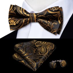 Hi-Tie Jacquard Silk Black Gold Striped Mens Bowtie Adult Bow Tie Hankerchief Cufflinks Set Pre-tied Men Butterfly Bowknot Gift