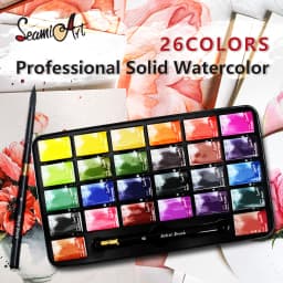 SeamiArt 26 Colors Full Pan Artist Grade Professional Solid Watercolor Tin Box Paint Set for School Art Painting Supplies
