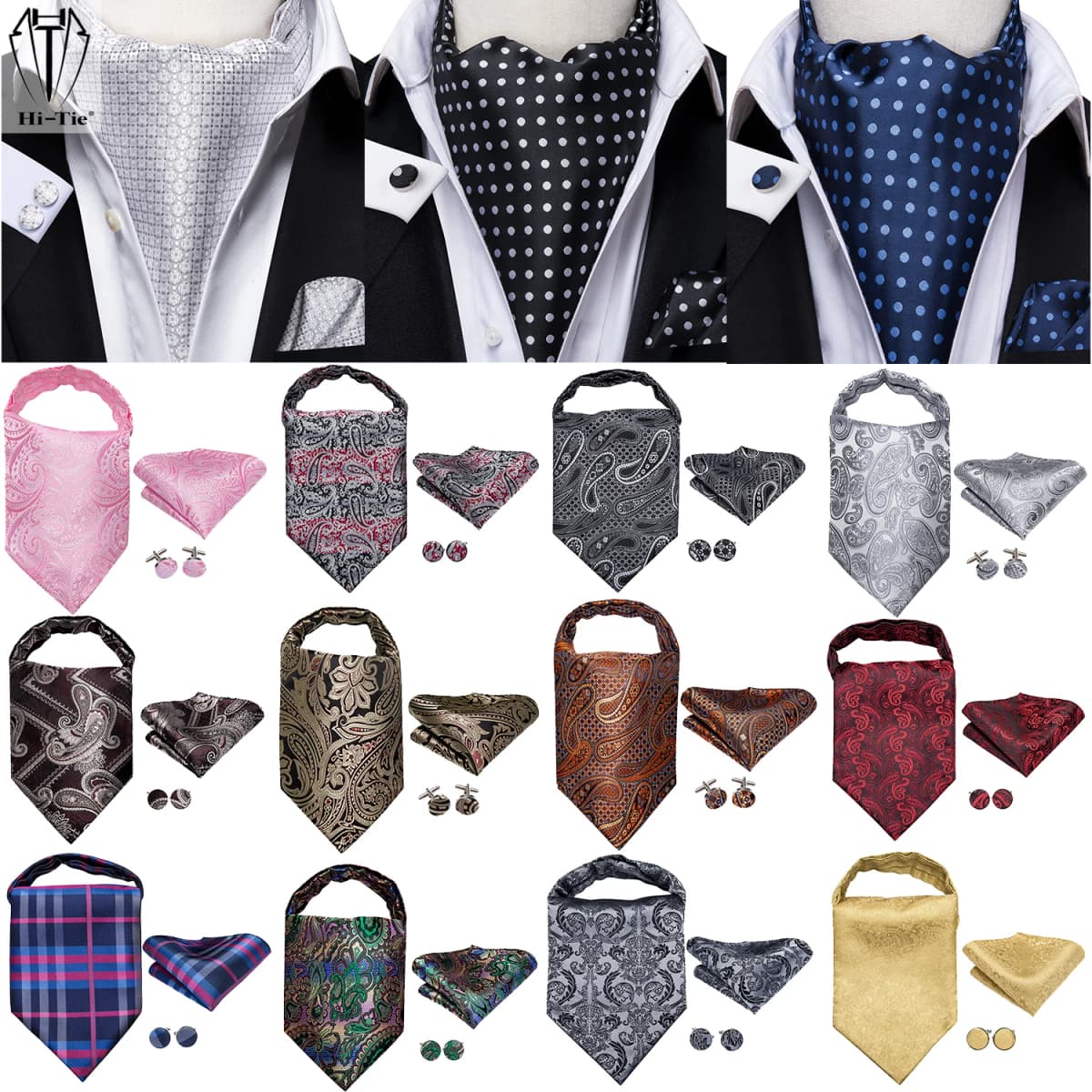 Hi-Tie Silk Mens Ascots Hanky Cufflinks Set Jacquard Paisley Floral Cravat Tie Self Vintage Ascot Black Gray Red Gold Pink Blue