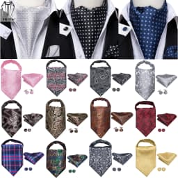 Hi-Tie Silk Mens Ascots Hanky Cufflinks Set Jacquard Paisley Floral Cravat Tie Self Vintage Ascot Black Gray Red Gold Pink Blue