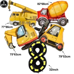 5pcs Construction Party Balloon 32'' Forklift Excavator Truck Balloon 1-9 Digital Foil Balloon Boy Construction Birthday Decors