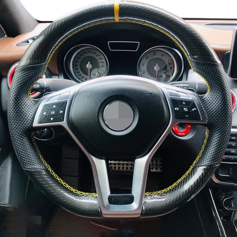 For Mercedes-Benz A45 CLA45 C63 E63 CLS63 SLK55 SL 63 65 GLA45 AMG Genuine Leather Carbon Fiber Car Steering Wheel Cover