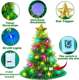 Adults Kids Blinking Glowing Christmas Tree Hats Santa Hat with Tinsel LED Colorful Lights Star New Year Costume