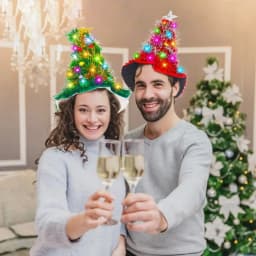 Adults Kids Blinking Glowing Christmas Tree Hats Santa Hat with Tinsel LED Colorful Lights Star New Year Costume