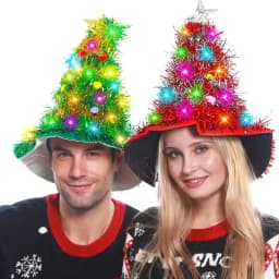 Adults Kids Blinking Glowing Christmas Tree Hats Santa Hat with Tinsel LED Colorful Lights Star New Year Costume