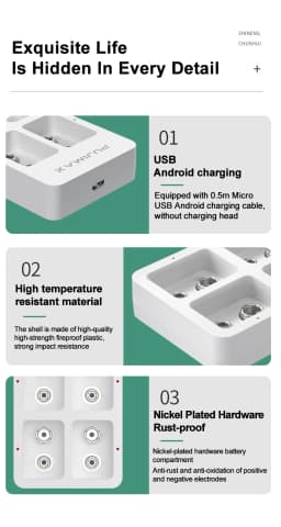 Smart Battery Charger USB Independent Slot Adapter 4 Slots 9V 6F22 For Ni-MH/Ni-Cd/Li-ion Lithium Rechargeable Batteries