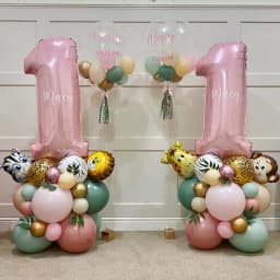 31pcs Wild Animal Pink Balloon Tower with 1-9 Number Balloon for Girl's Wild One Themed Birthday Jungle Safari Party Decoration