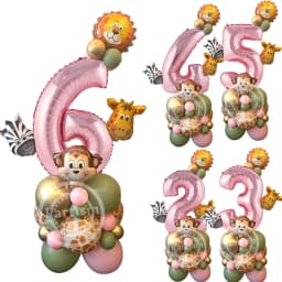 31pcs Wild Animal Pink Balloon Tower with 1-9 Number Balloon for Girl's Wild One Themed Birthday Jungle Safari Party Decoration