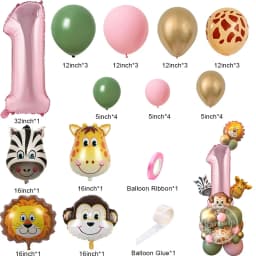 31pcs Wild Animal Pink Balloon Tower with 1-9 Number Balloon for Girl's Wild One Themed Birthday Jungle Safari Party Decoration