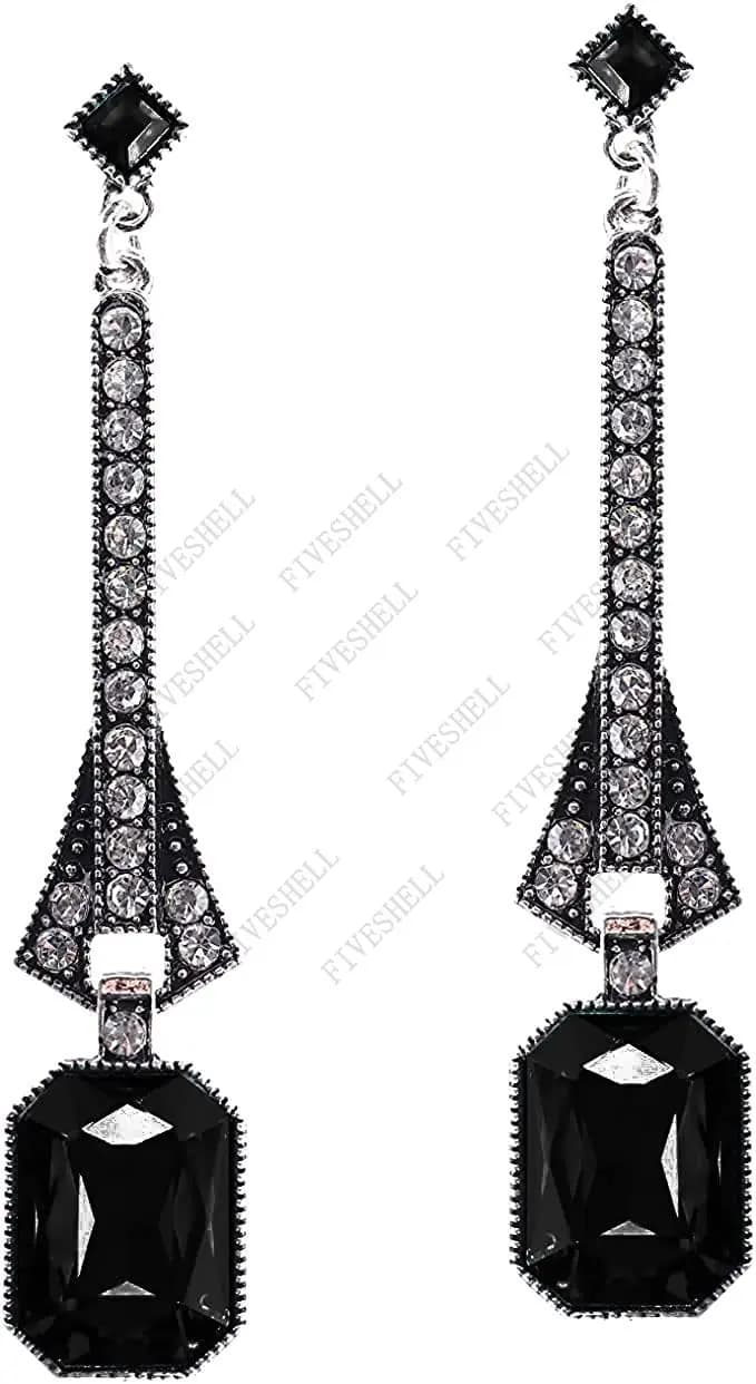 1920s Art Deco Antique Vintage Flapper Style Jet Black Rhinestone Extra Long Dangle Earrings Pearl Earrings Jewelry for Women