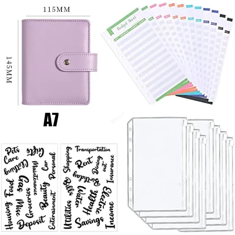2023 New PU Leather Notebook A7 Binder DIY Planner Organizer 6 Zipper Pockets 12Pcs Budget Sheet 2Pcs French Alphabet Stickers