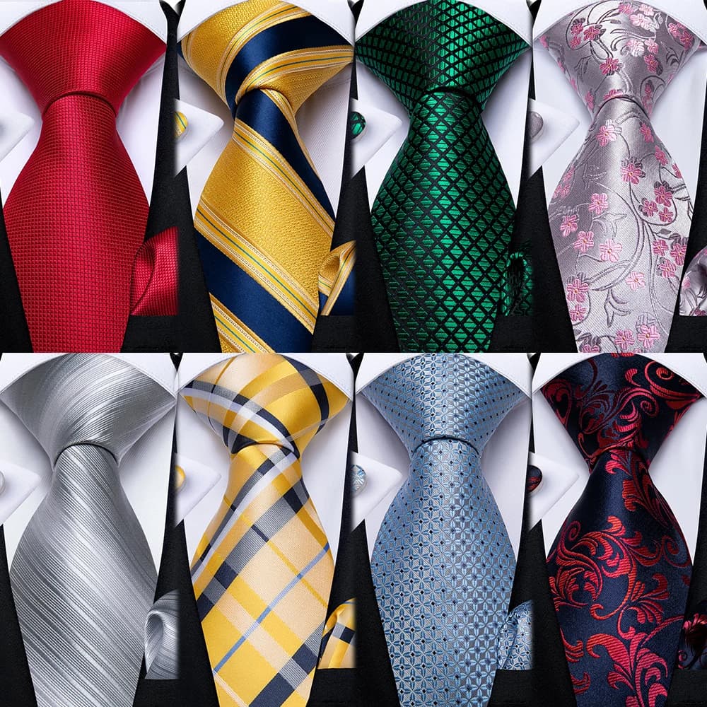 Fashion Classic Striped Plaid Mens Tie Set 8cm Wedding Party Necktie Handkerchief Cufflinks Accessories Gift for Men