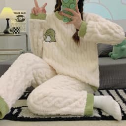 Fall and Winter Flannel Thick Warm Sleepwear Women's Long Sleeve with Fleece Home Clothes Ladies Striped Solid Color Pyjamas