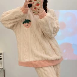 Fall and Winter Flannel Thick Warm Sleepwear Women's Long Sleeve with Fleece Home Clothes Ladies Striped Solid Color Pyjamas