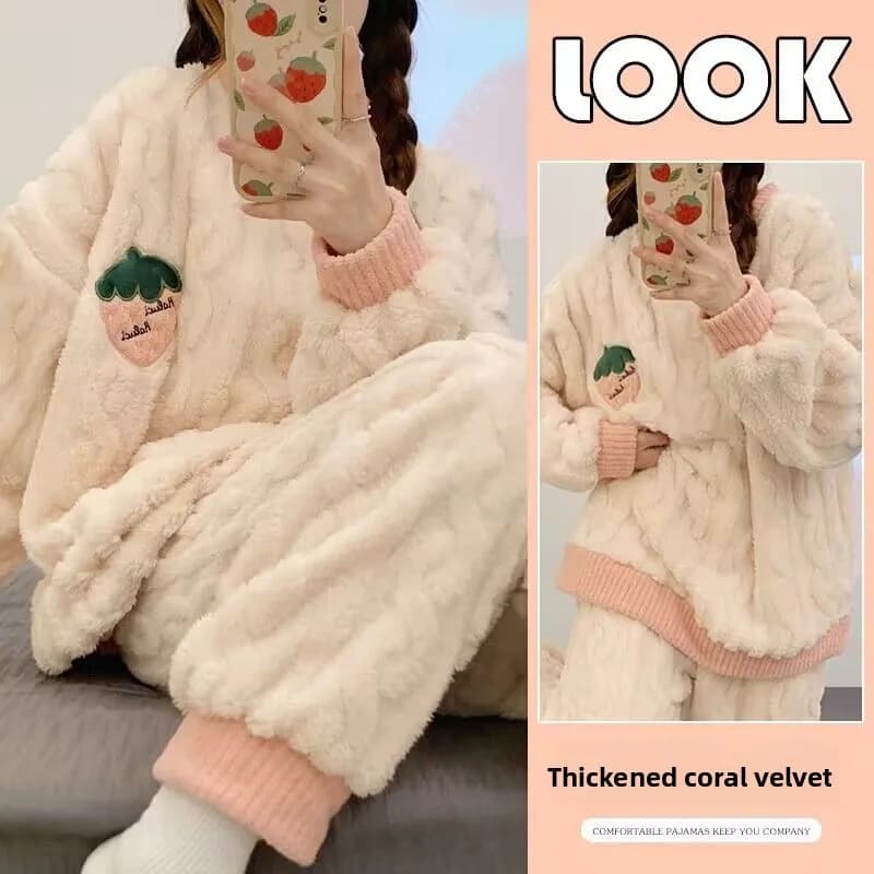 Fall and Winter Flannel Thick Warm Sleepwear Women's Long Sleeve with Fleece Home Clothes Ladies Striped Solid Color Pyjamas