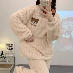 Fall and Winter Flannel Thick Warm Sleepwear Women's Long Sleeve with Fleece Home Clothes Ladies Striped Solid Color Pyjamas