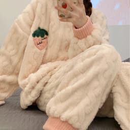 Fall and Winter Flannel Thick Warm Sleepwear Women's Long Sleeve with Fleece Home Clothes Ladies Striped Solid Color Pyjamas