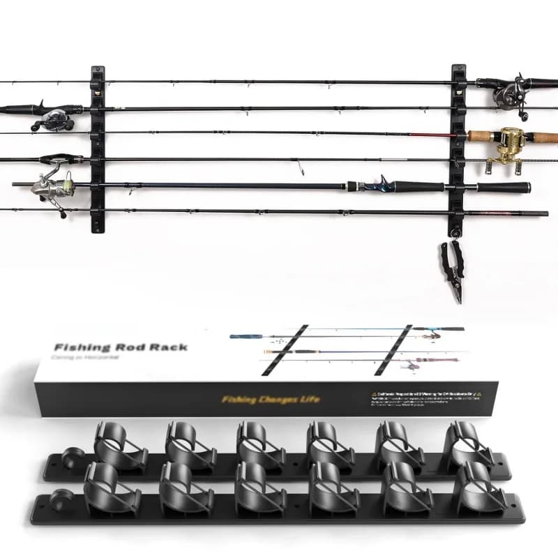 Wall/Ceiling Mount Fishing Rod Holder – Horizontal Storage Rack Holds 6 Rods, Garage Organization System