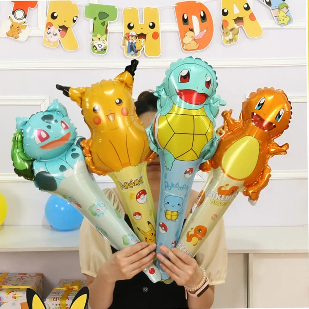 16Pcs Pokemon Hand Stick Foil Balloons Globals Cartoon pikachu Strip Balls Sids Boy Birthday Party Inflatable Toys Gift
