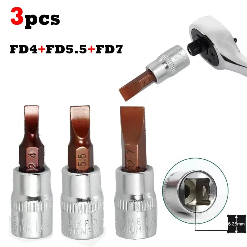 3pcs Flathead screwdriver 1/4-inch Drive Bit Socket FD4 FD5.5 FD7 Bit Socket Standard Metric S2 Steel Bits