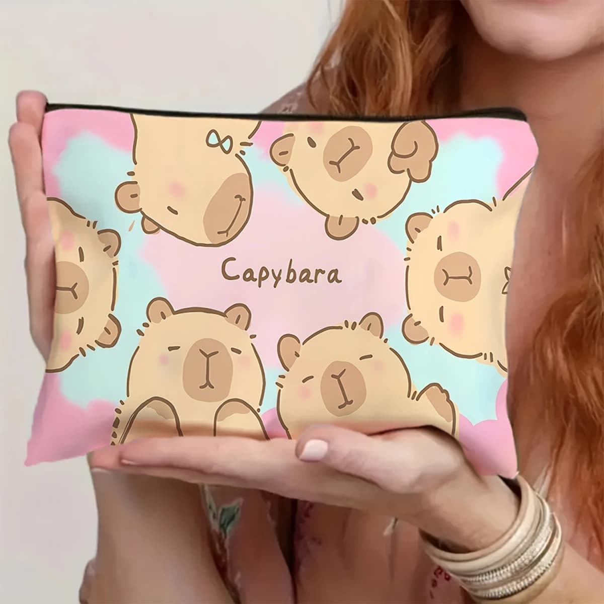 Cute Capybara Bag Print Makeup Bag Lightweight Double-Sided Zipper Pouch Cosmetics Makeup Case for Women Travel Camping Use