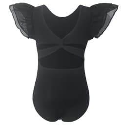 Girls Black Ballet Dance Leotards Ruffle Short Sleeve Gymnastics Outfits Hollow Back Tumbling Bodysuits Practice Costume