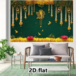 Indian wedding banner decorated with hen feathers and elephant god Ganesha deep green and gold Indian party background cloth