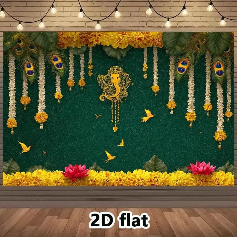 Indian wedding banner decorated with hen feathers and elephant god Ganesha deep green and gold Indian party background cloth