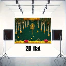 Indian wedding banner decorated with hen feathers and elephant god Ganesha deep green and gold Indian party background cloth