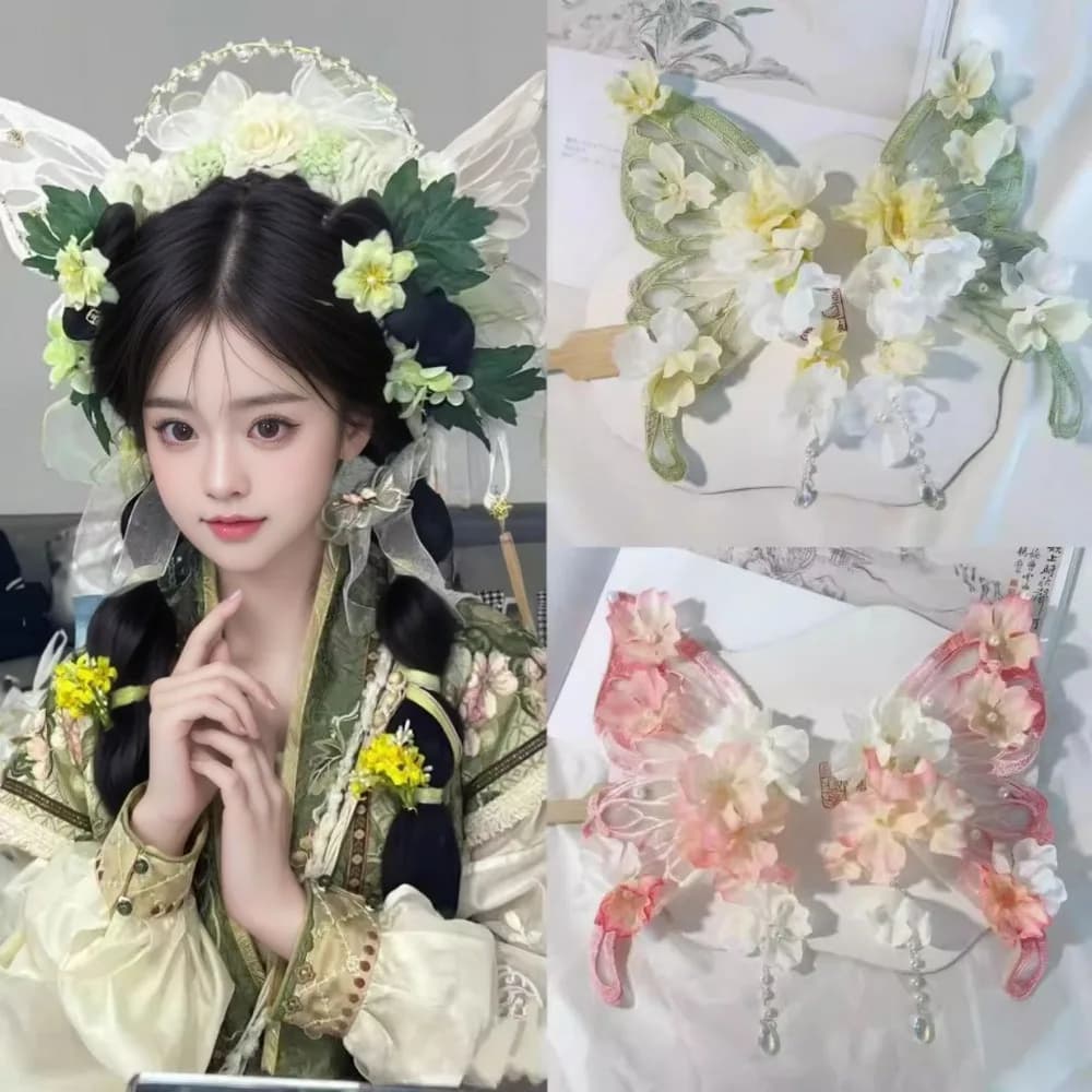 2pcs/set Ancient Style Fairy Tale Hairclips Elegant Styling Tassel Hairpin Extra Large Flower Silk Headwear For Women Girls