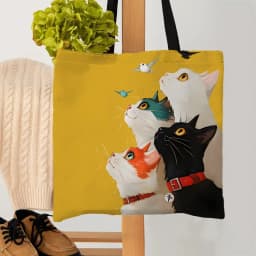 1pc Stacked Cat Handbag, Reusable Fashionable Handbag, Multifunctional Handbag, Printed Canvas Shopping Bag