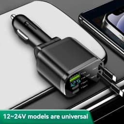 Elough Retractable Car Charger 5 in 1 Fast Charging Car Charger Retractable Cable 2 type c Ports Car Charger Adapter Compatible