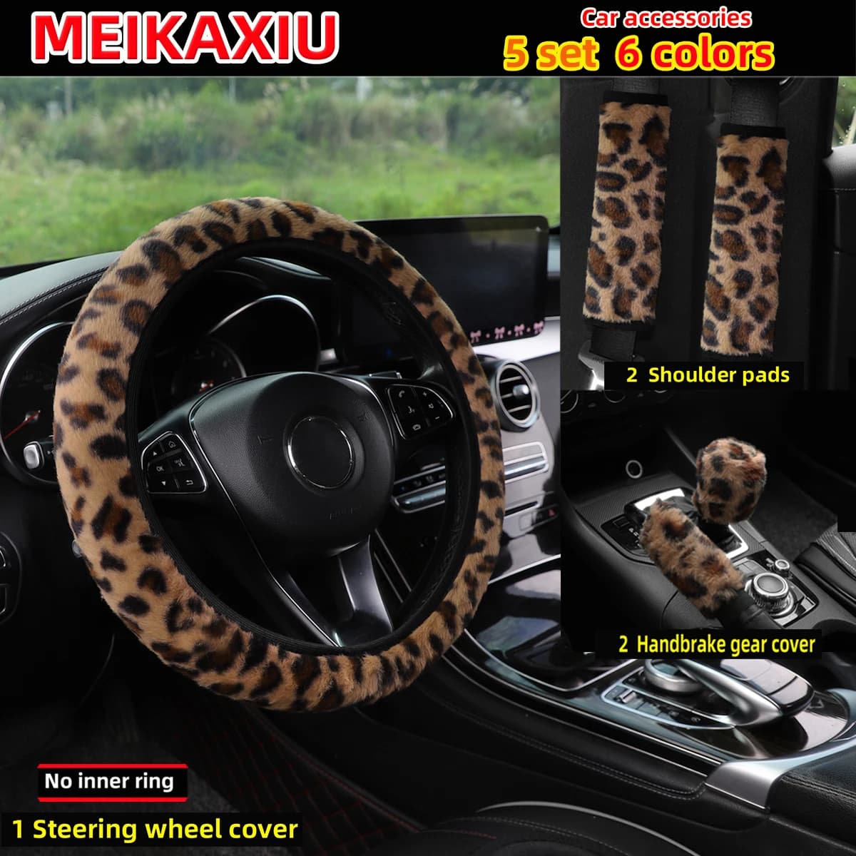 5PCS Winter Plush Leopard Print Car Steering Wheel Cover Handbrake Cover Gearshift Cover Shoulder Guard Cover Rimless