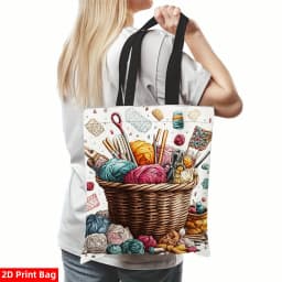 Women's Knitting Crochet Craft Tote Bag 2D Print Design with Yarn Balls, Needles & Tools Durable Polyester Casual Shoulder Bag