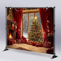 A festive Christmas tree and fireplace polyester background fabric - a warm festive scene, perfect for room decoration