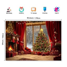 A festive Christmas tree and fireplace polyester background fabric - a warm festive scene, perfect for room decoration