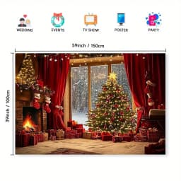 A festive Christmas tree and fireplace polyester background fabric - a warm festive scene, perfect for room decoration