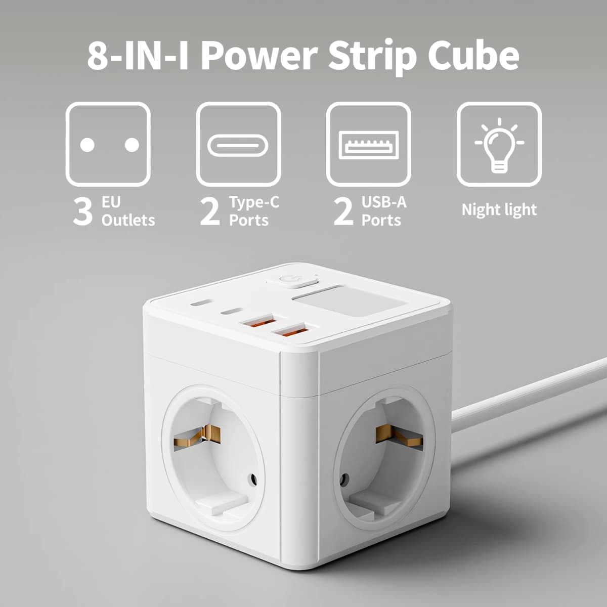 1 EU 8-in-1 power socket, with 1.5-meter extension cord power board, 3 AC sockets & 2 USB & 2 Type-C & dimmable small night ligh