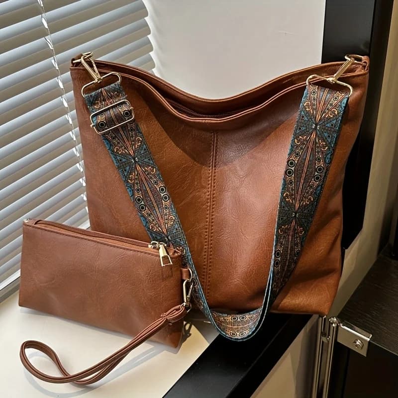 Retro PU Material Women's Bucket Tote Bag Set, Adjustable Wide Strap for Daily Need with Fashion Zipper Closure Polyester Lining