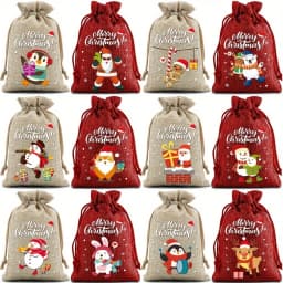 12 Pieces Christmas Gift Bags with Drawstring Christmas Linen Bags for Advent Calendar Fabric Bag Cookie Candy Pouch