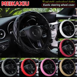 3D Embroidered Artificial Sheepskin PU Leather Steering Wheel Cover Rimless Universal Fit for 14.5-15 Inch Car Wheels