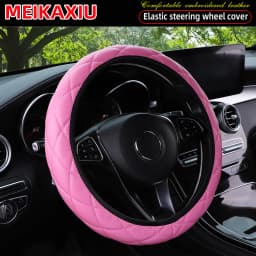 3D Embroidered Artificial Sheepskin PU Leather Steering Wheel Cover Rimless Universal Fit for 14.5-15 Inch Car Wheels