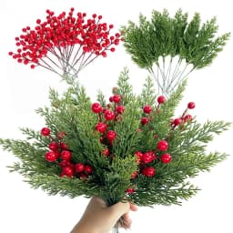 20/40/68pcs Christmas Decorative Flowers Red Berry Stems Artificial Pine Branches Fake Green Plant Pine Leaf Picks DIY