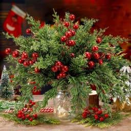 20/40/68pcs Christmas Decorative Flowers Red Berry Stems Artificial Pine Branches Fake Green Plant Pine Leaf Picks DIY