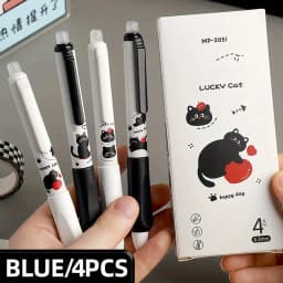 4-Pack Erasable Gel Pens Set – 0.5mm Fine Point, Blue Ink, Quick-Drying & Smooth, Cute Cat for Office, School, Journaling, Test