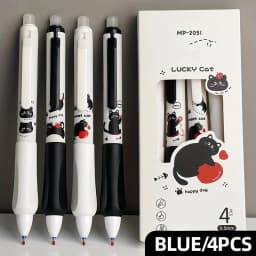 4-Pack Erasable Gel Pens Set – 0.5mm Fine Point, Blue Ink, Quick-Drying & Smooth, Cute Cat for Office, School, Journaling, Test