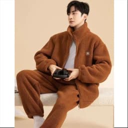 Winter Men's Pajamas Coral Fleece Comfortable Casual Indoor Home Wear Thickened Zipper Thermal Cardigan Pajamas 2 Piece Sets