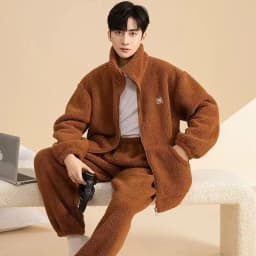 Winter Men's Pajamas Coral Fleece Comfortable Casual Indoor Home Wear Thickened Zipper Thermal Cardigan Pajamas 2 Piece Sets