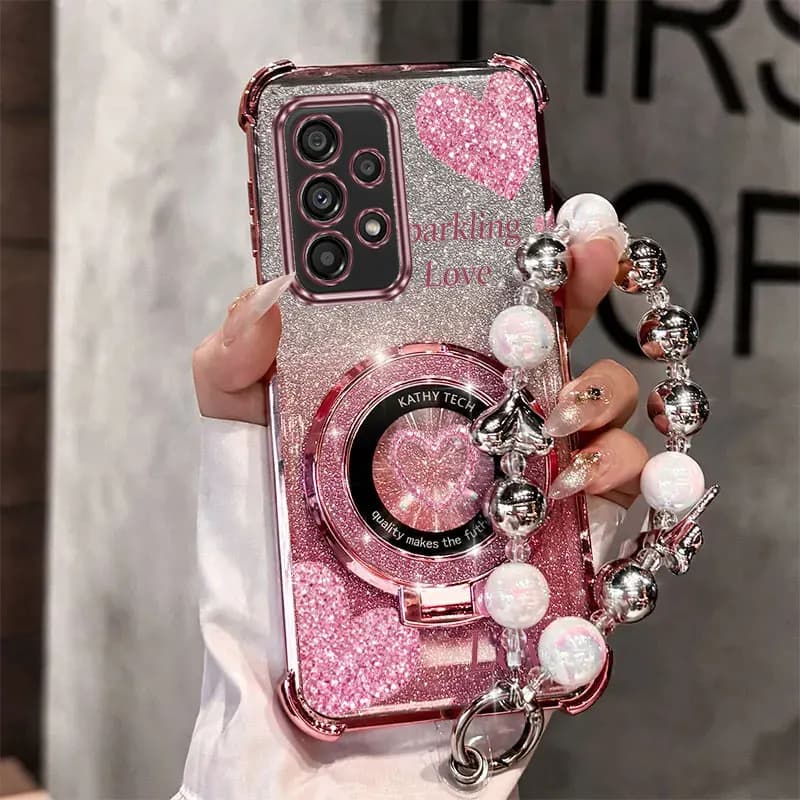 Strap Glitter Beautiful Love Phone Holder Case For Samsung Galaxy A13 A14 A15 A16 A24 A25 A34 A35 A36 A54 A55 A12 A22 4G 5G